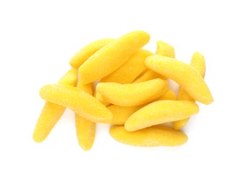Photo of Pile with jelly candies in shape of banana on white background, top view