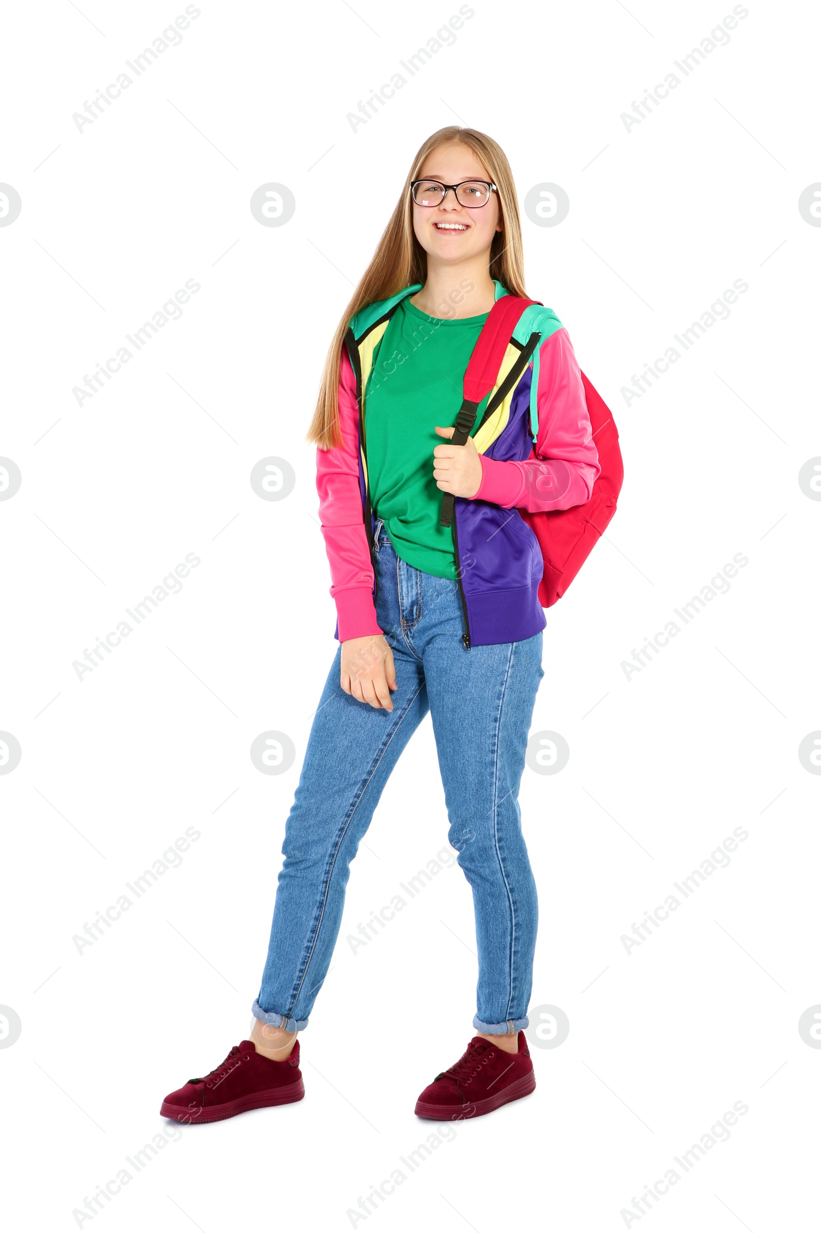 Photo of Teenager girl in casual clothes on white background