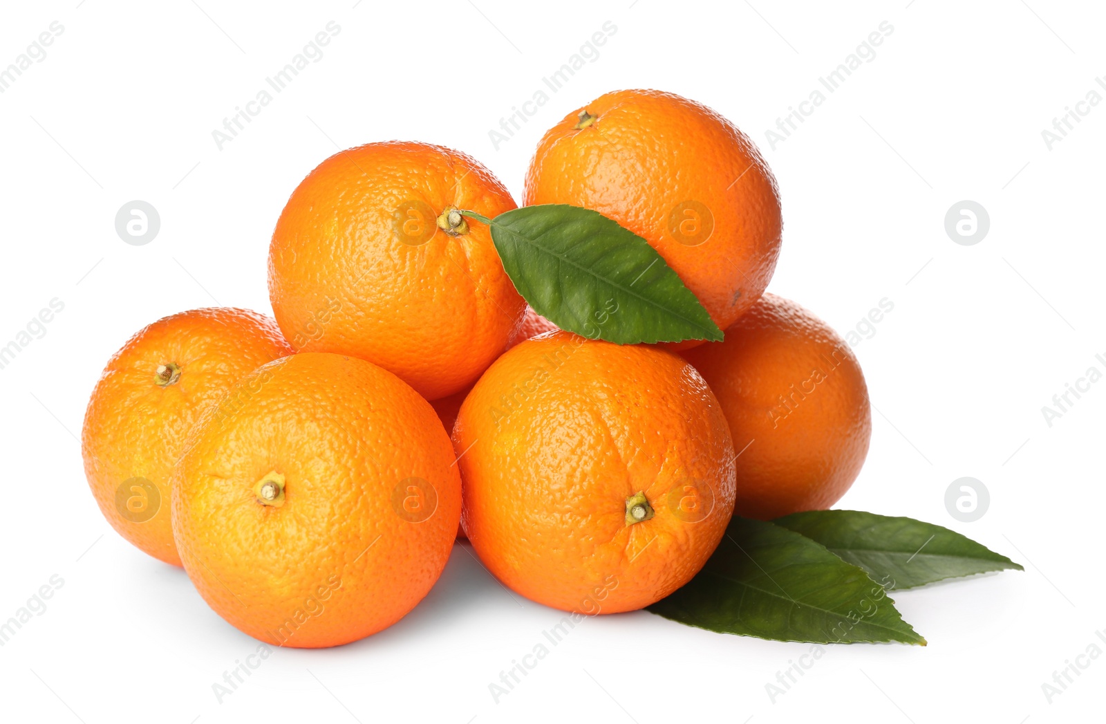 Photo of Fresh ripe oranges with green leaves on white background