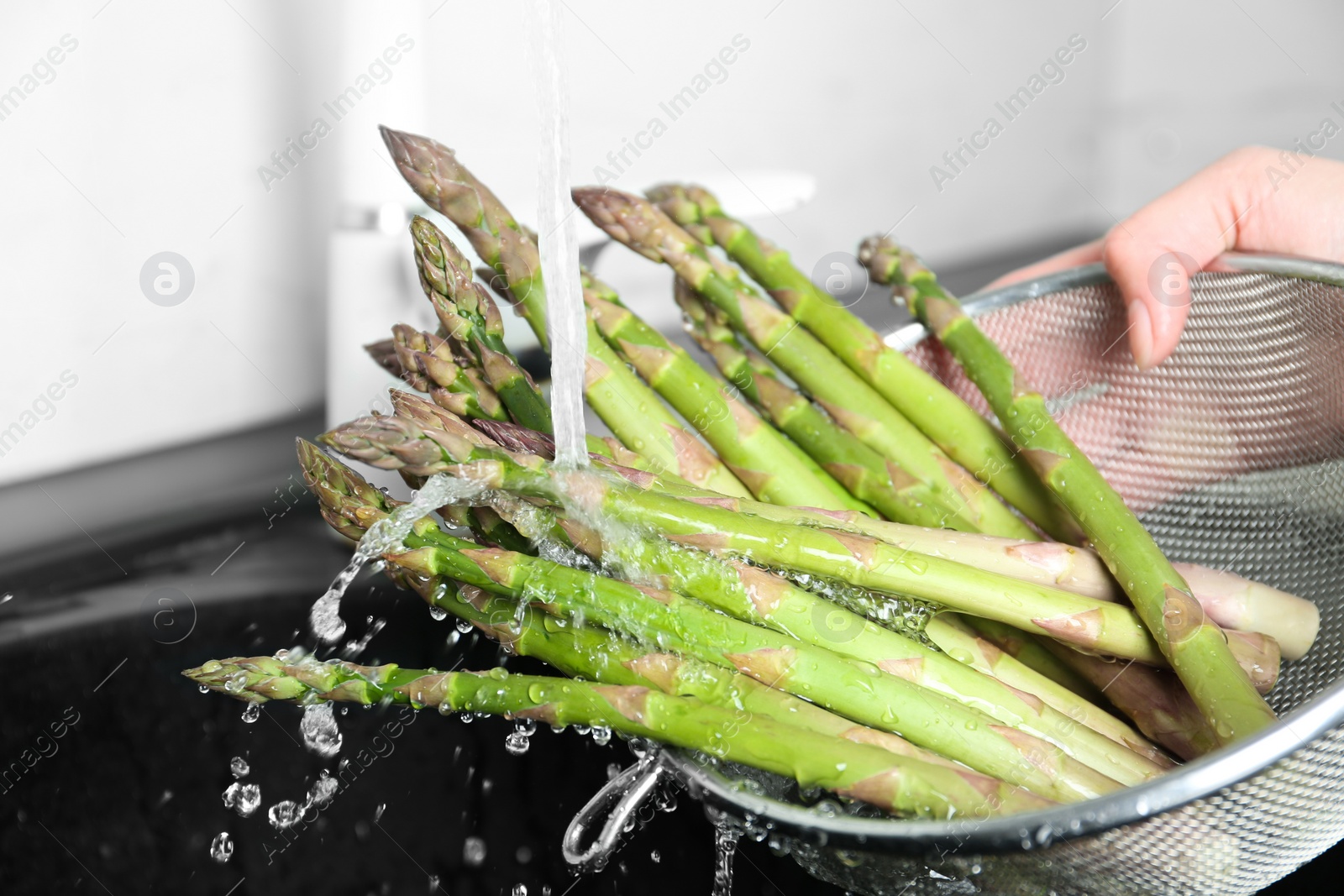 Photo of Woman washing fresh raw asparagus over sink, closeup