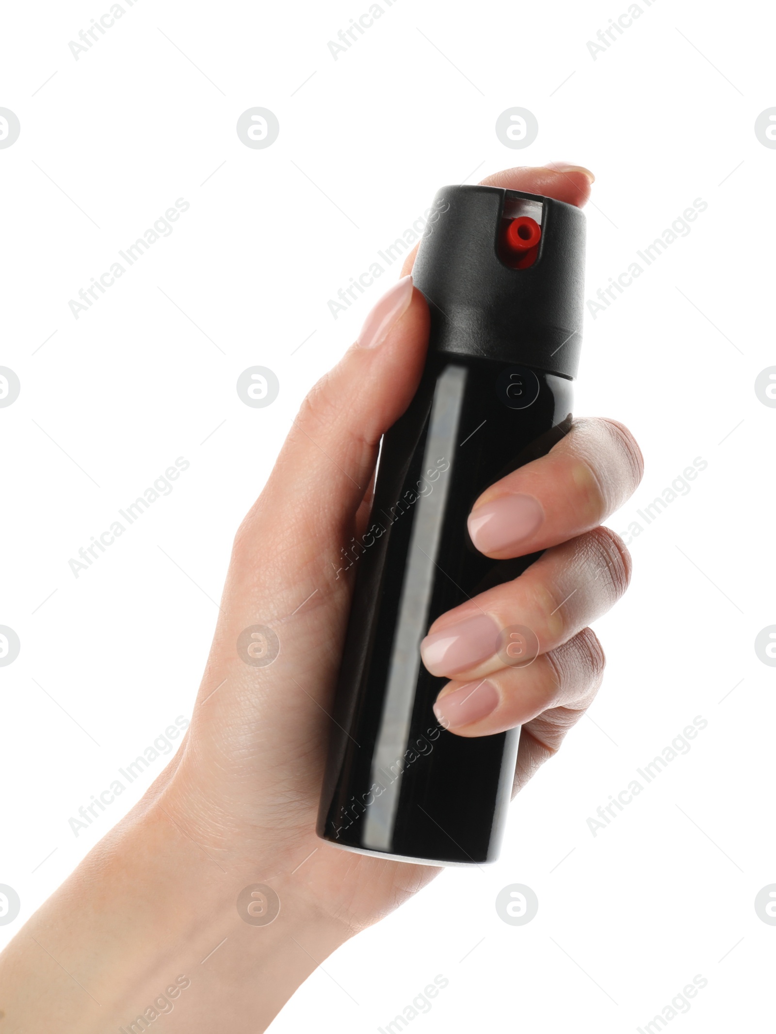 Photo of Woman with bottle of gas pepper spray on white background