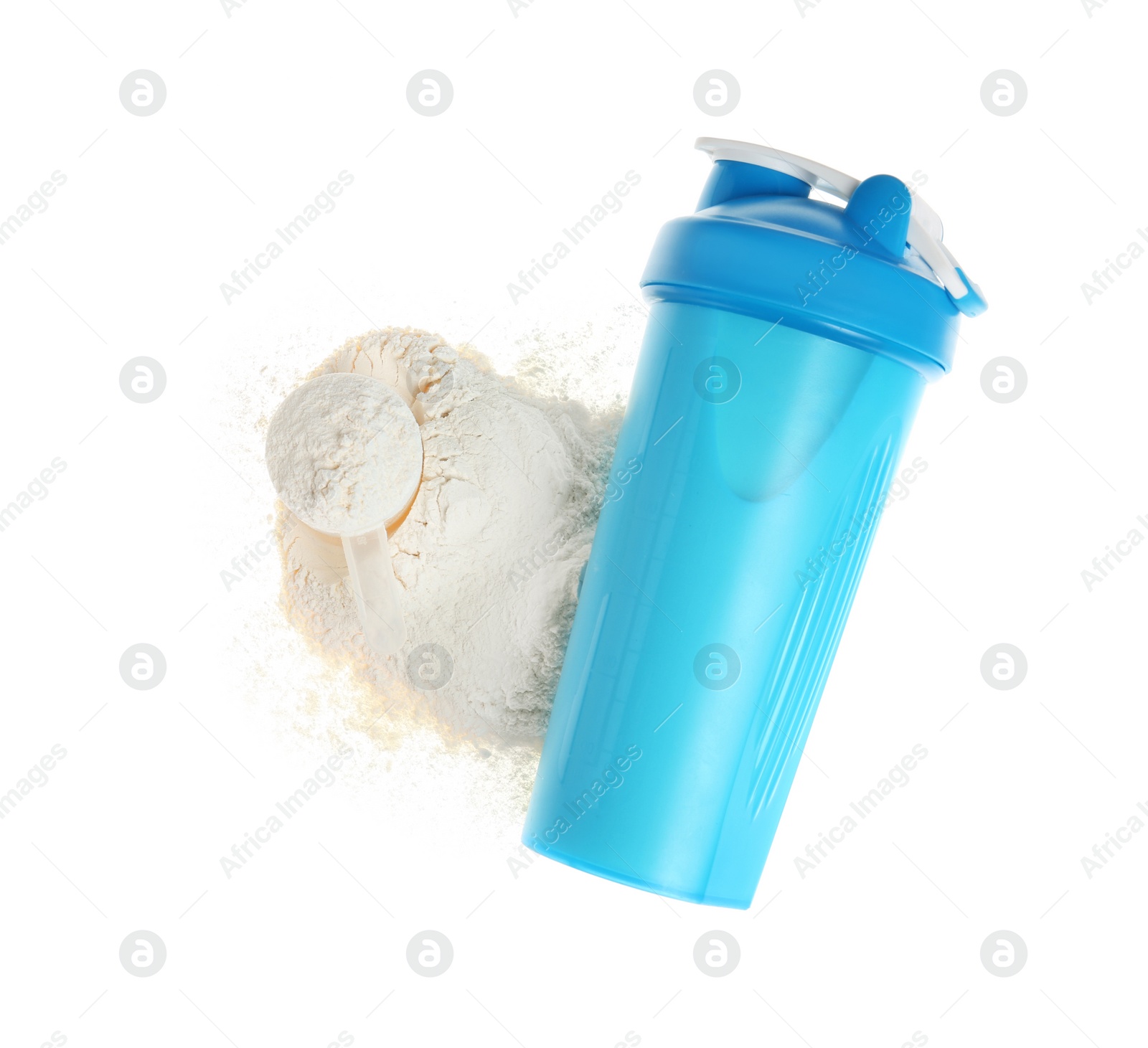 Photo of Protein shake in sport bottle and powder on white background, top view