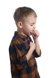 Photo of Sick boy coughing on white background. Cold symptoms