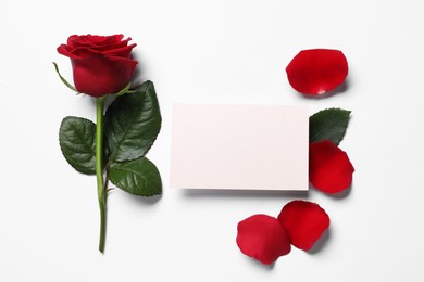 Photo of Blank card, beautiful red rose and petals on white background, flat lay. Space for text