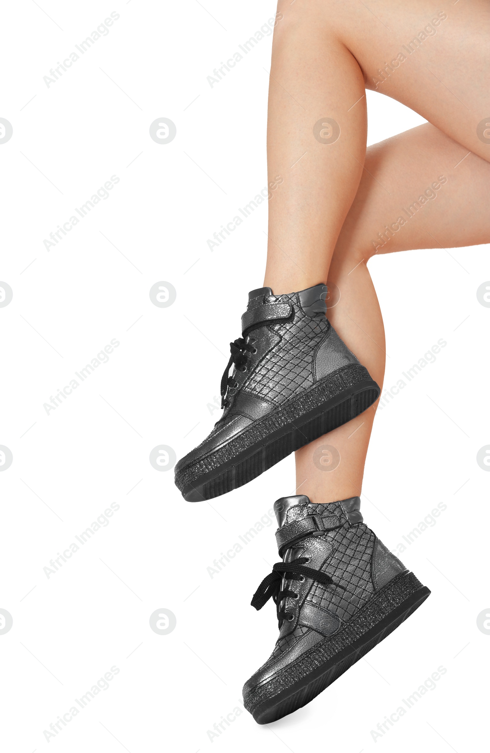 Photo of Woman in stylish shoes on white background, closeup