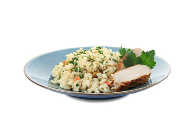Photo of Delicious chicken risotto with parsley isolated on white