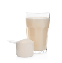 Photo of Protein shake and powder isolated on white