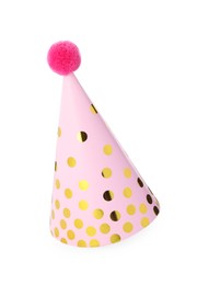 Photo of One pink party hat with pompom isolated on white