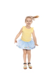 Photo of Pretty little girl jumping against white background