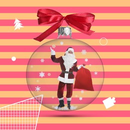 Winter holidays bright artwork. Transparent Christmas ornament with Santa Claus inside against bright color background, creative collage