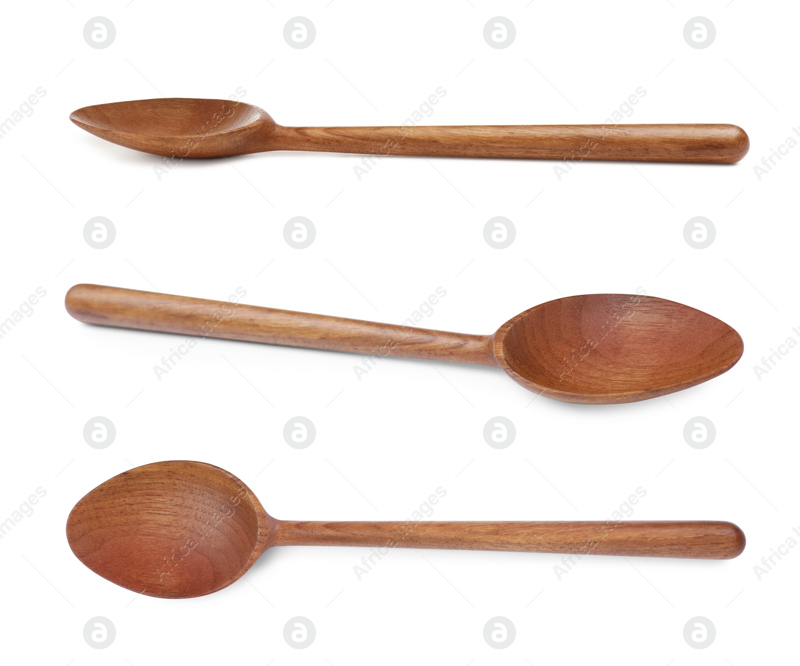 Image of Wooden spoons on white background, collage. Cooking utensil