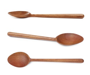 Image of Wooden spoons on white background, collage. Cooking utensil