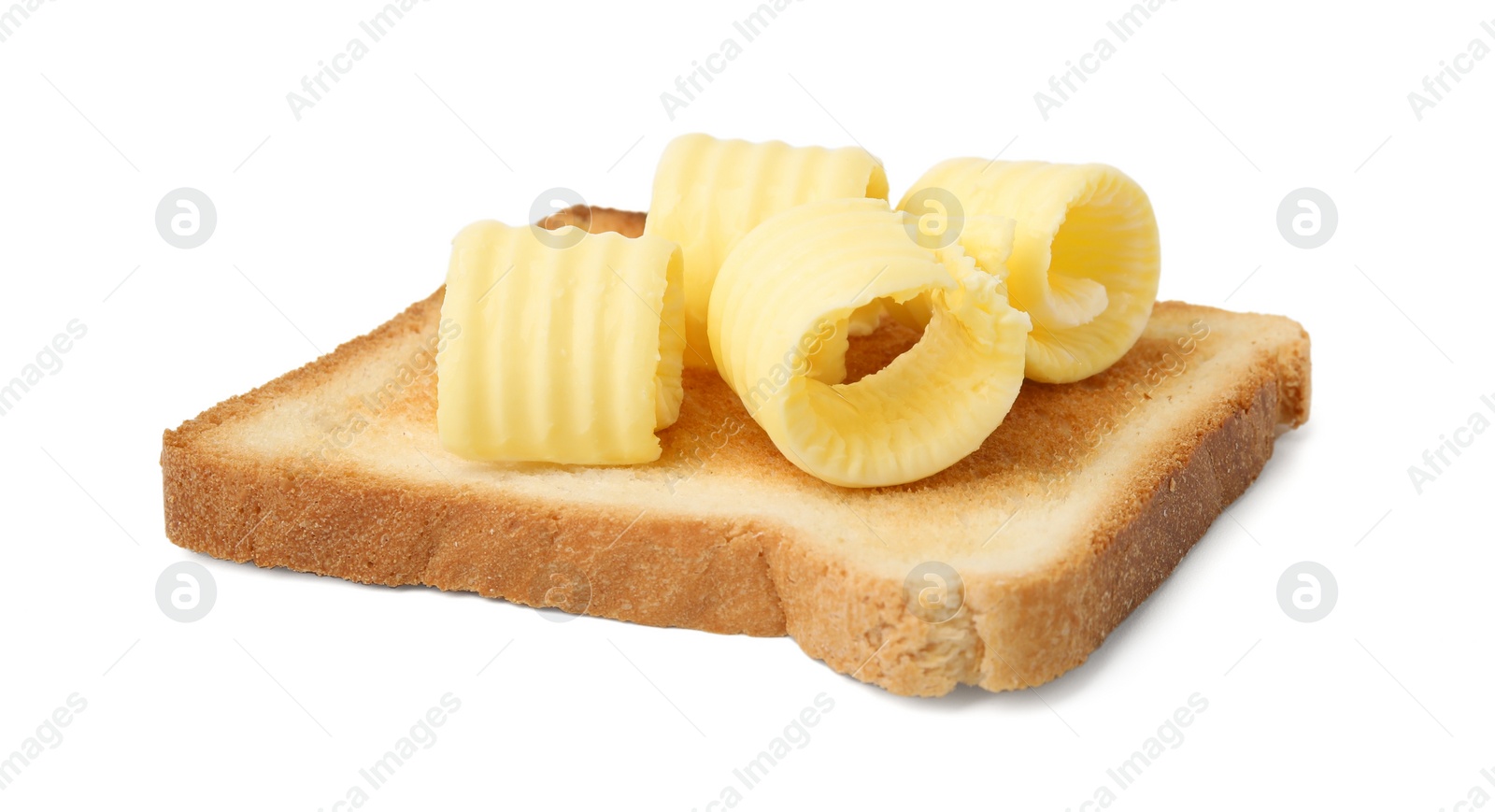 Photo of Tasty butter curls and toast isolated on white