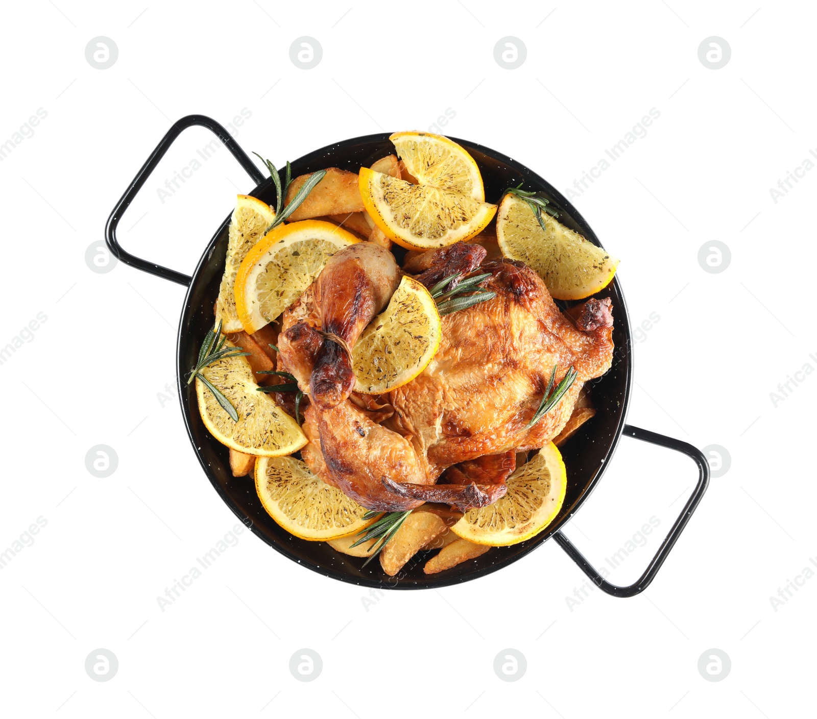 Photo of Chicken with orange slices in baking pan isolated on white, top view