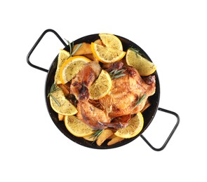 Photo of Chicken with orange slices in baking pan isolated on white, top view