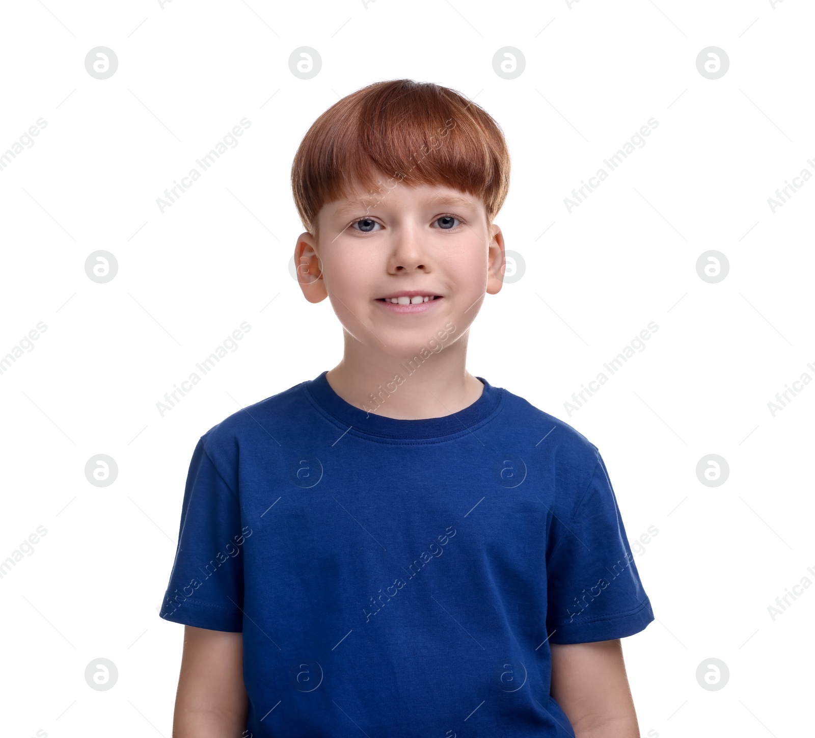 Photo of Portrait of happy little boy on white background