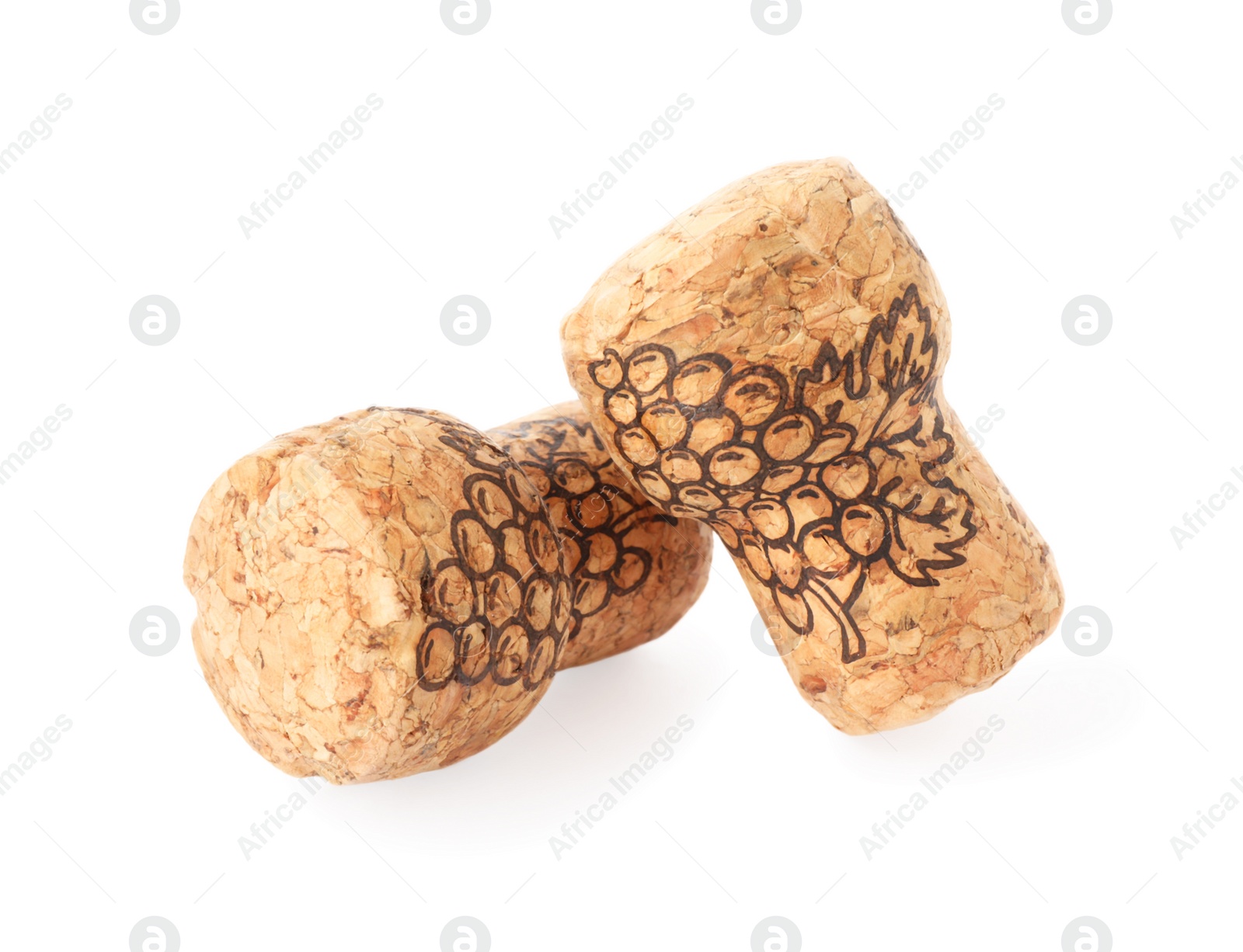 Photo of Two sparkling wine corks with grape images on white background