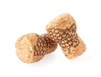 Photo of Two sparkling wine corks with grape images on white background