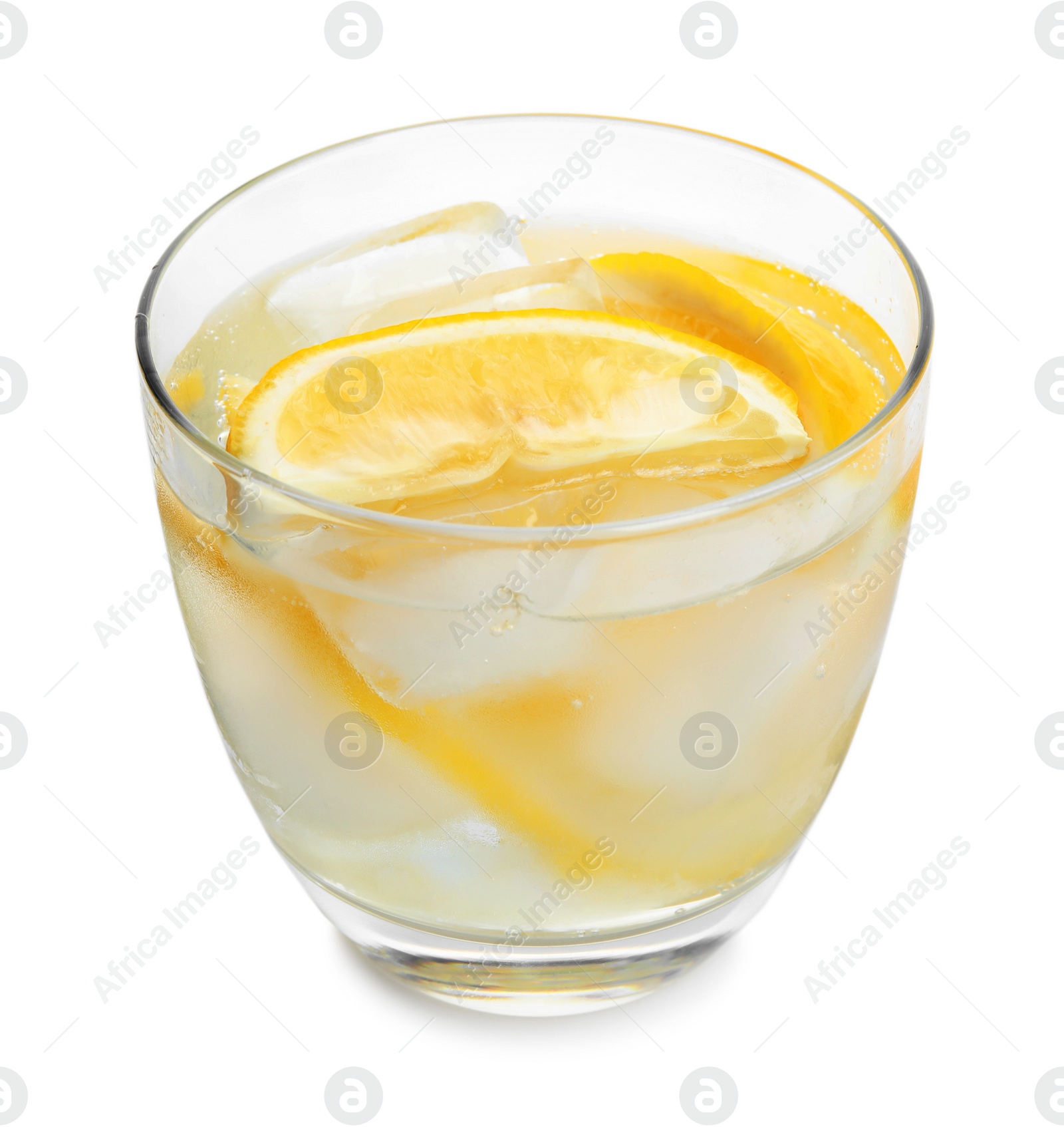 Photo of Soda water with lemon slices and ice cubes isolated on white