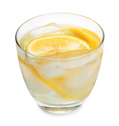 Soda water with lemon slices and ice cubes isolated on white