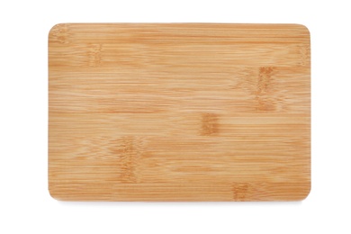 Wooden board on white background, top view. Kitchen accessory