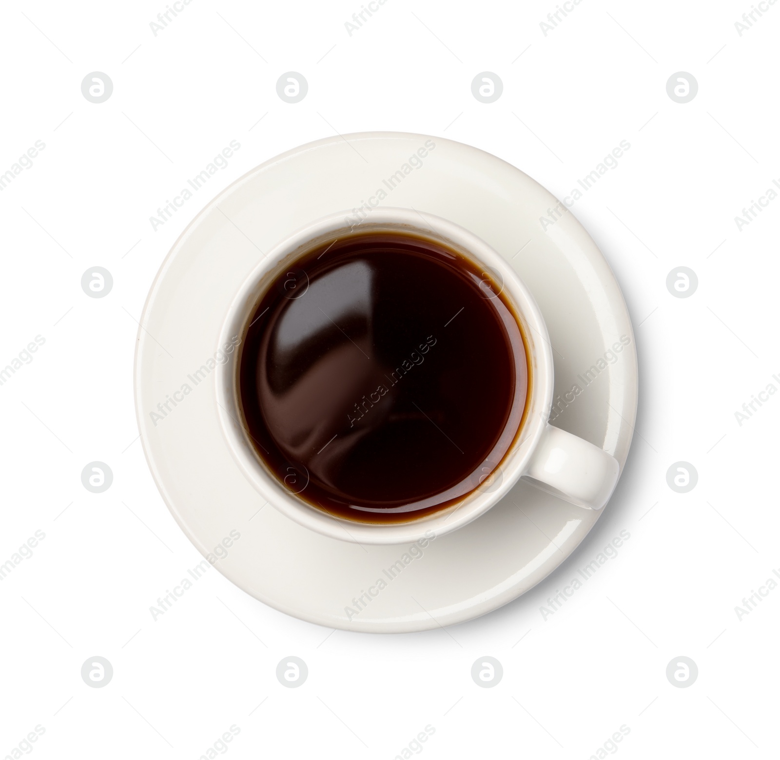 Photo of Tasty coffee in cup isolated on white, top view