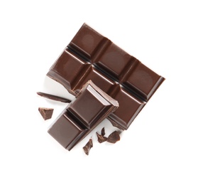 Pieces of tasty black chocolate on white background, top view