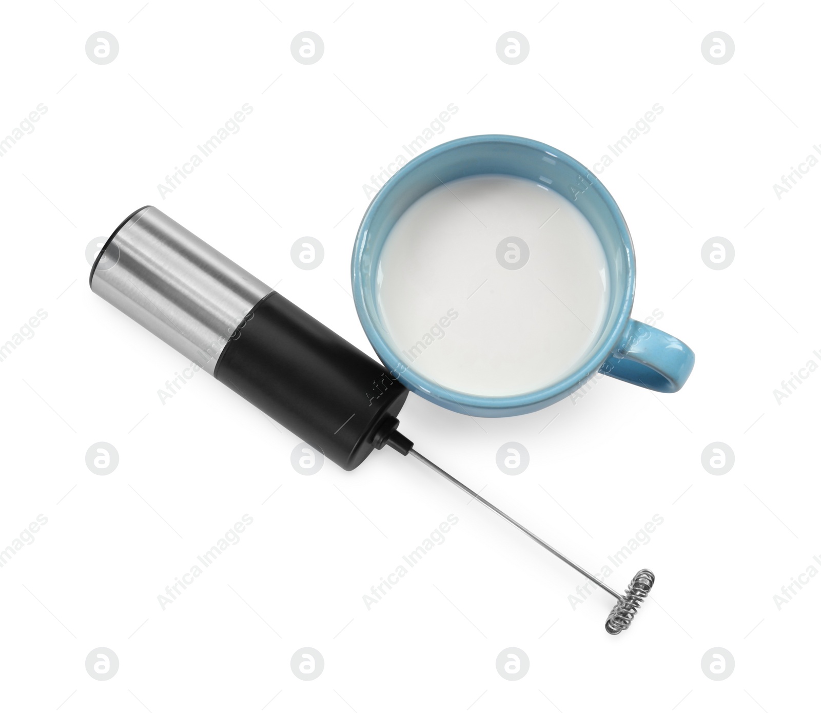 Photo of Milk frother wand and cup isolated on white, top view