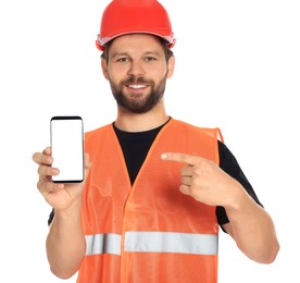 Man in reflective uniform showing smartphone on white background