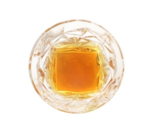 Photo of Glass of expensive whiskey on white background, top view