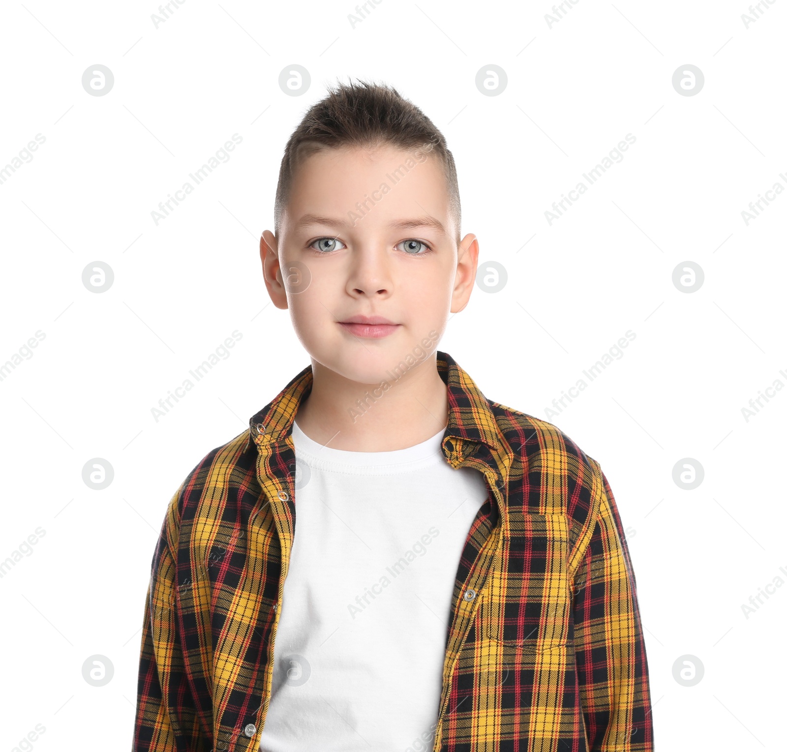 Photo of Portrait of cute little boy on white background