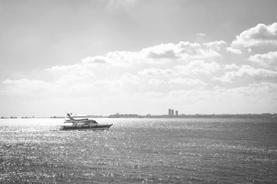 Image of Beautiful sea with motorboat. Black and white tone 