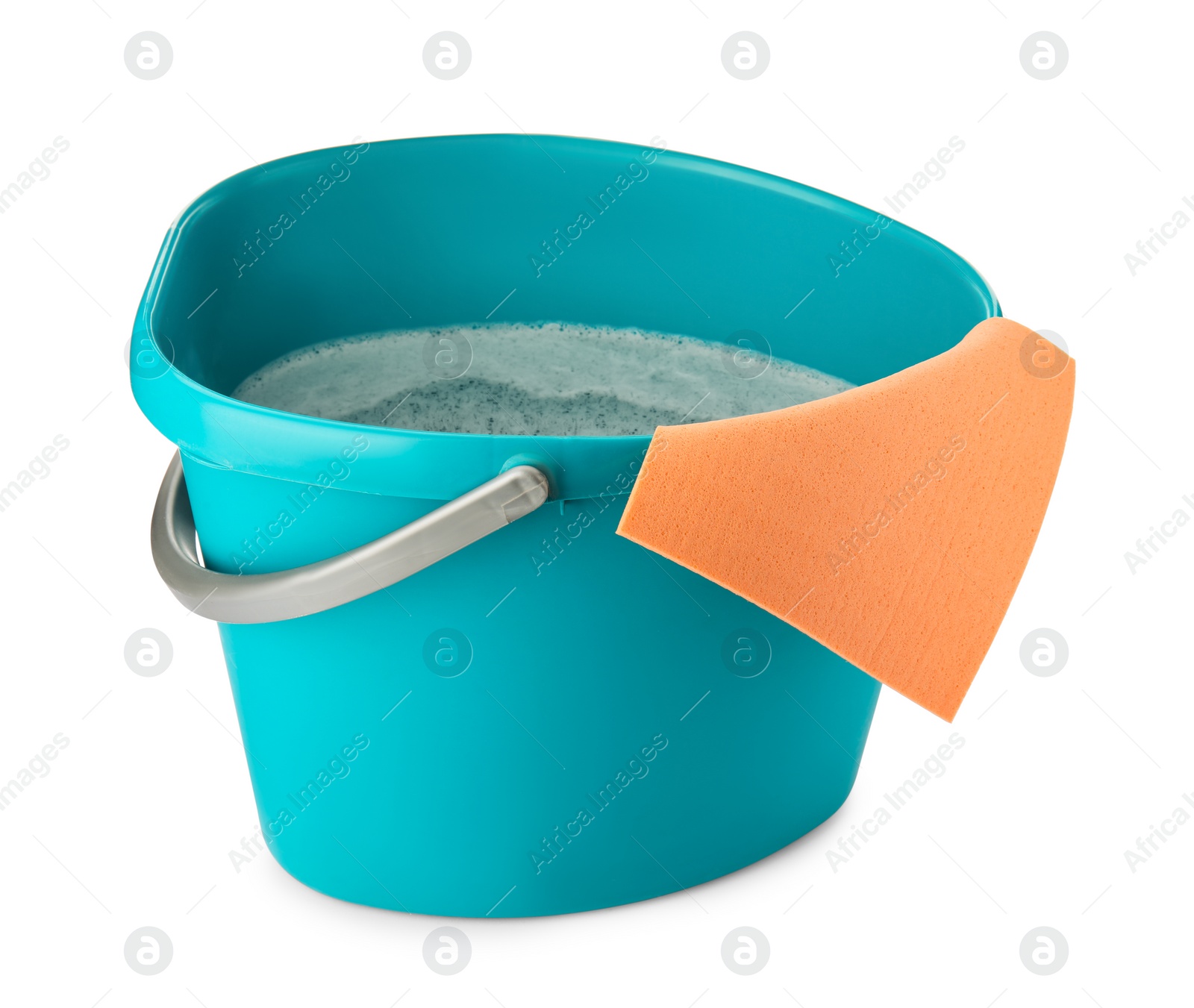 Photo of Turquoise bucket with detergent and rag isolated on white