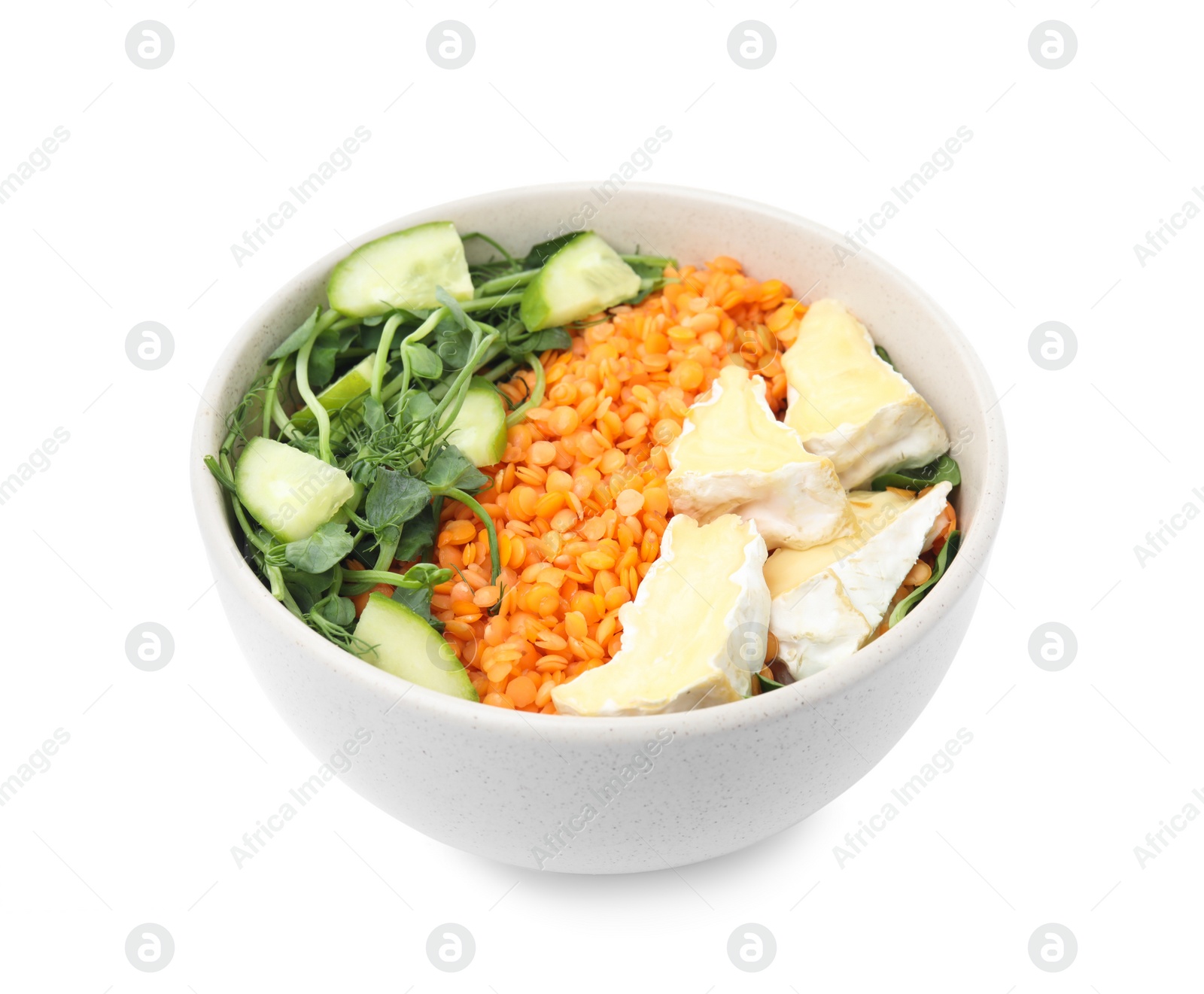 Photo of Delicious lentil bowl with soft cheese and cucumber on white background