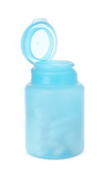 Photo of Light blue jar with chewing gums on white background