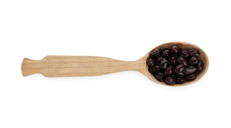 Photo of Spoon of canned kidney beans on white background, top view