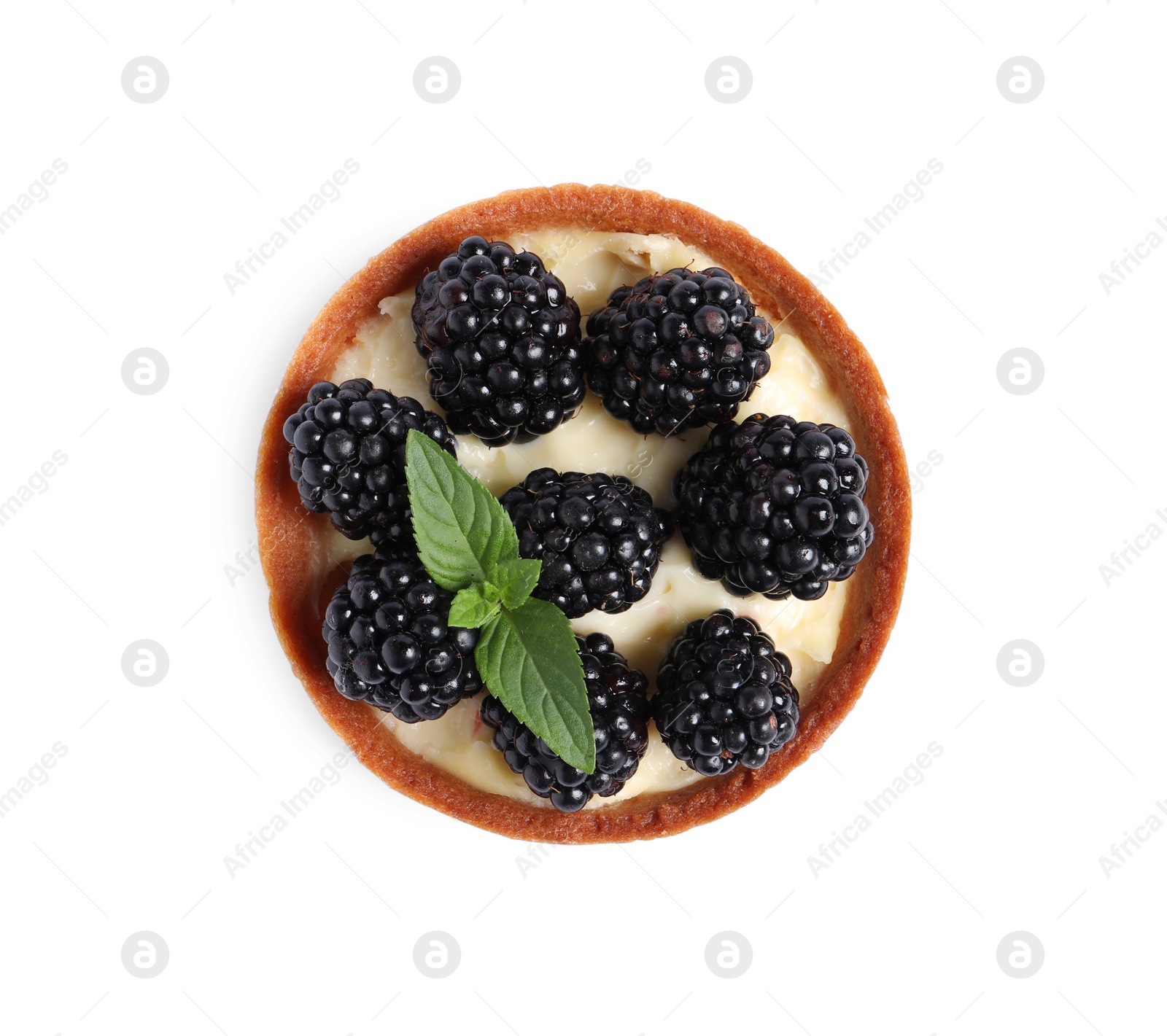 Photo of Tartlet with fresh blackberries and mint isolated on white, top view. Delicious dessert