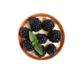 Photo of Tartlet with fresh blackberries and mint isolated on white, top view. Delicious dessert