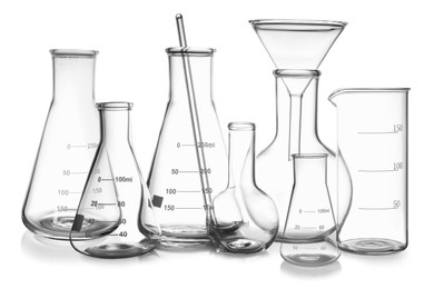 Set of different laboratory glassware isolated on white