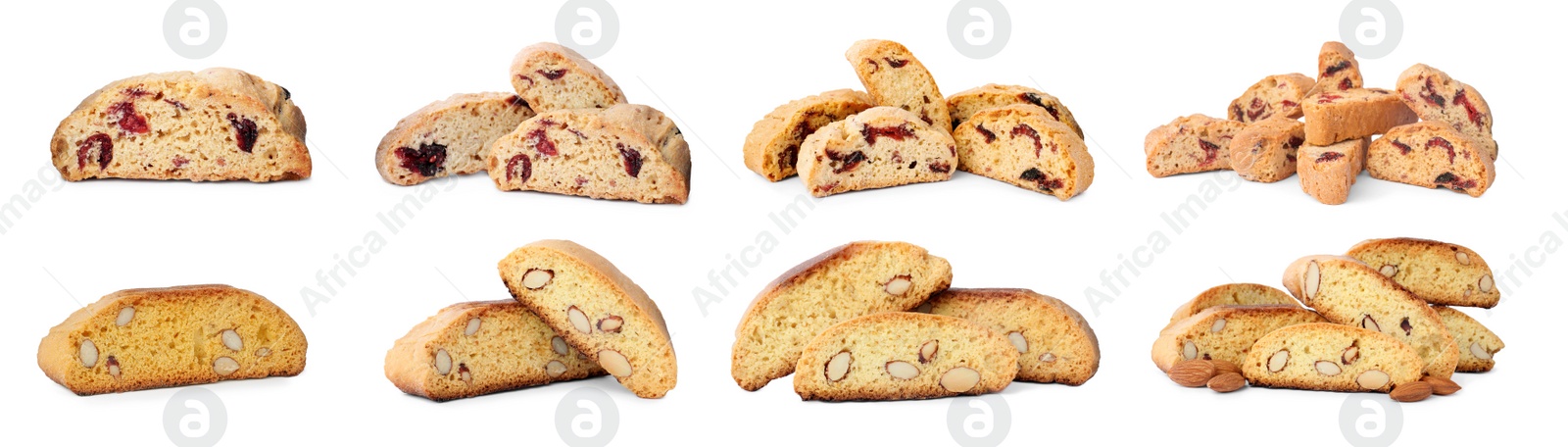 Image of Set with different tasty cantucci on white background, banner design. Traditional Italian biscuits