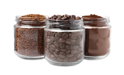 Photo of Jars with different types of coffee on white background