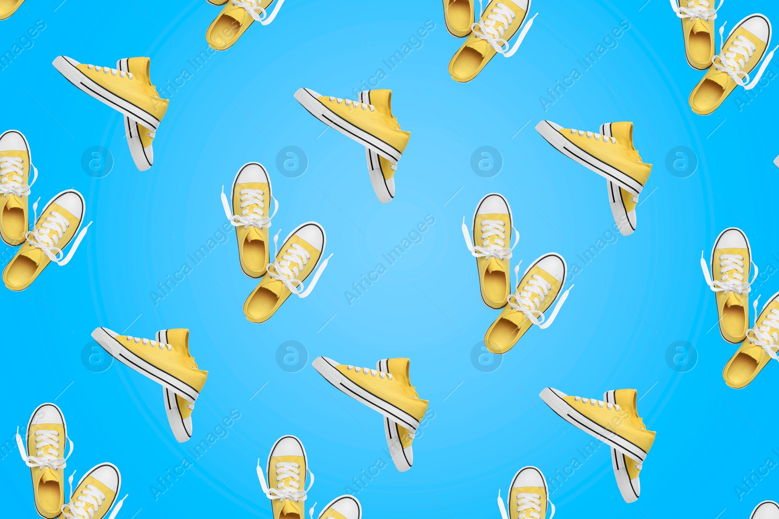 Image of Collage of classic old school yellow sneakers on light blue background, different views