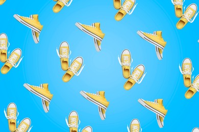 Image of Collage of classic old school yellow sneakers on light blue background, different views