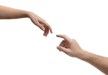 Man and woman reaching to each other on white background, closeup of hands