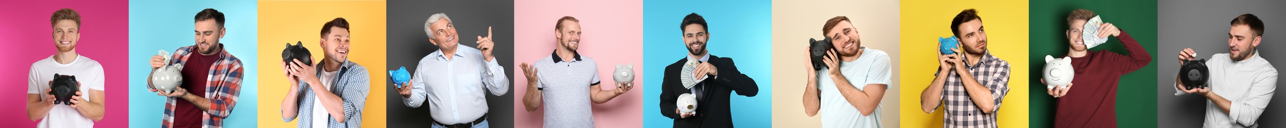 Image of Collage with photos of men holding piggy banks on different color backgrounds. Banner design