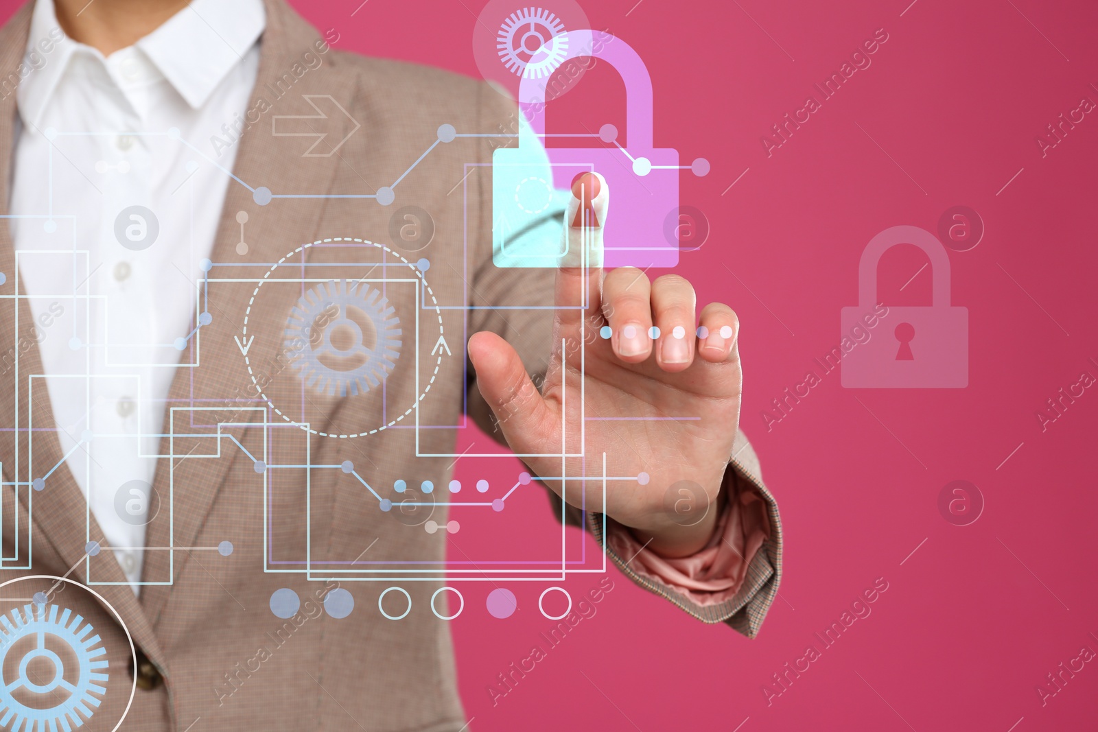 Image of Cyber attack protection. Woman using virtual screen with lock illustration and scheme, closeup