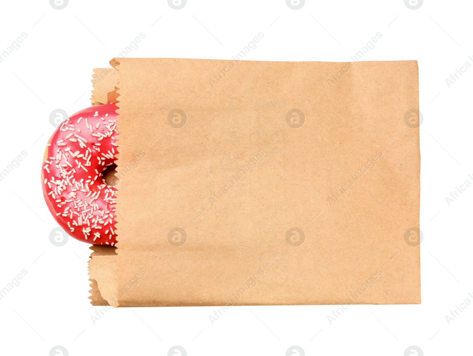 Photo of Paper bag with donut on white background, top view. Space for design