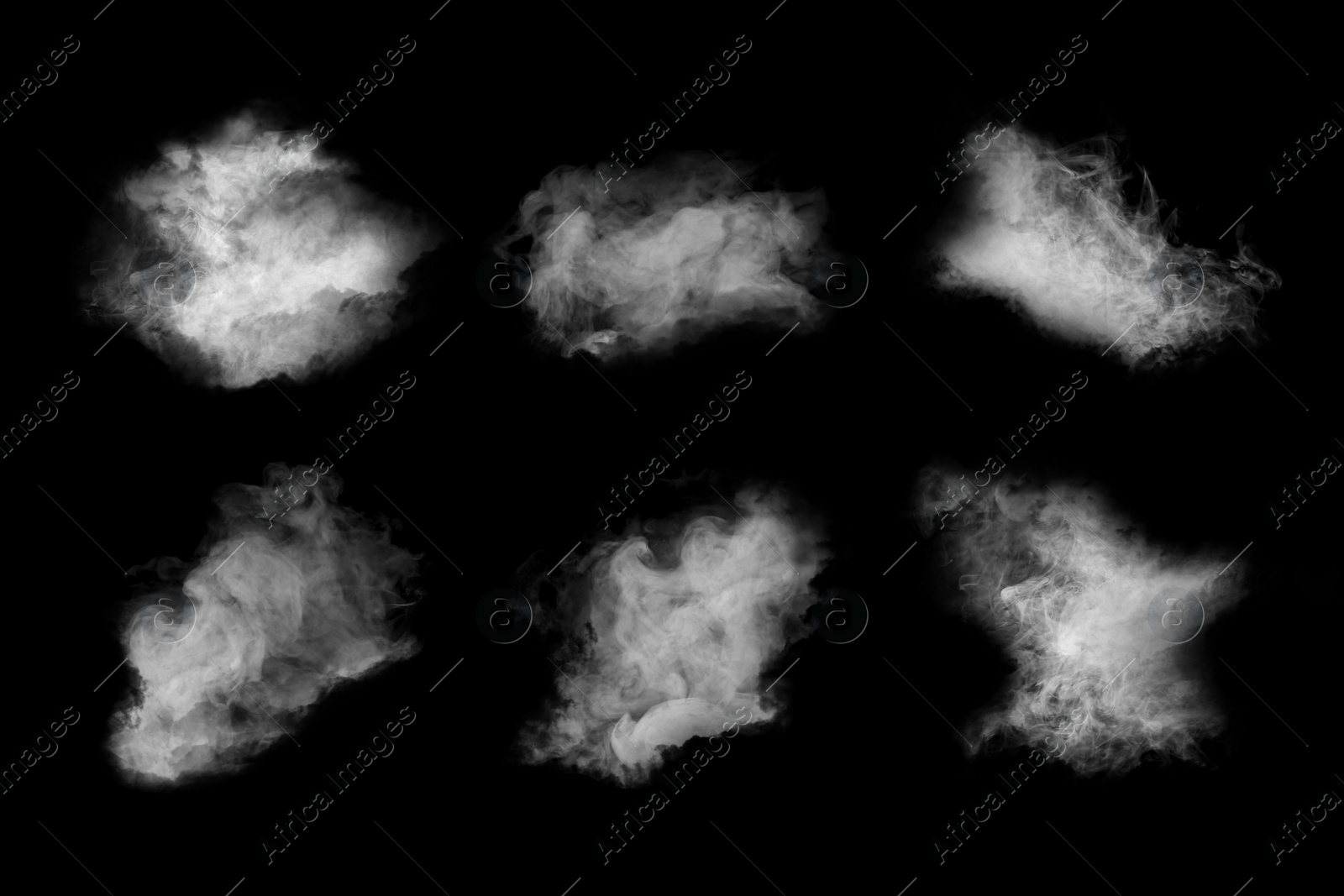 Image of Set with different clouds of white smoke on black background