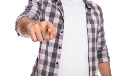 Man touching something on white background, closeup. Finger gesture