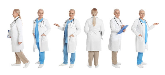 Image of Collage with photos of mature doctor on white background, banner design 